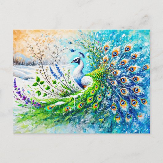 Abstract Peacock in Spring with Snow and Flower ポストカード (正面)