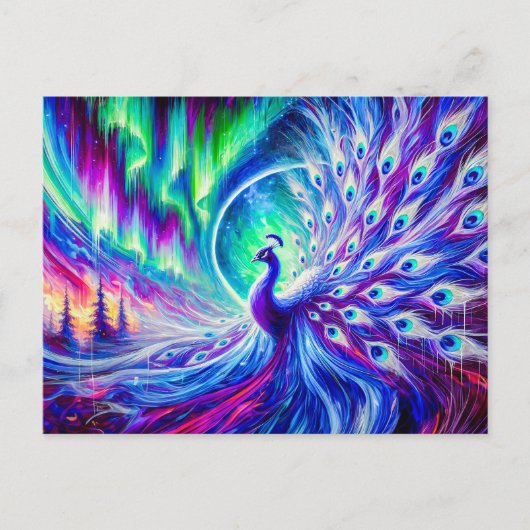 Abstract Peacock in Winter with Northern Lights ポストカード (正面)