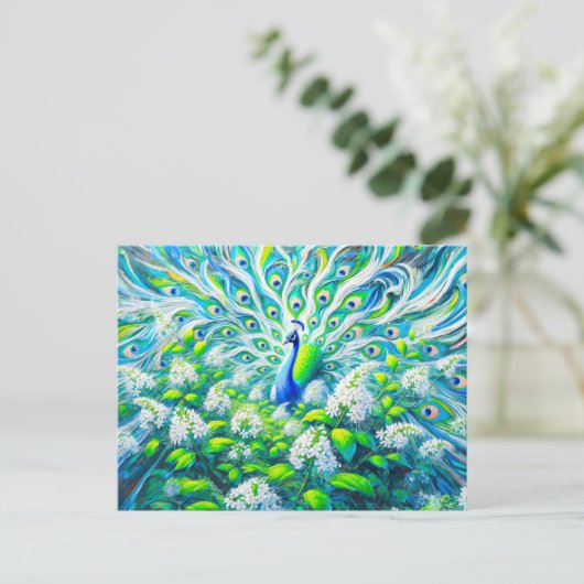 Abstract Peacock with Bird Cherry Blossoms Paint ポストカード (スタンド正面)