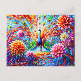 Abstract Peacock with Colorful Dahlias Autumn ポストカード
