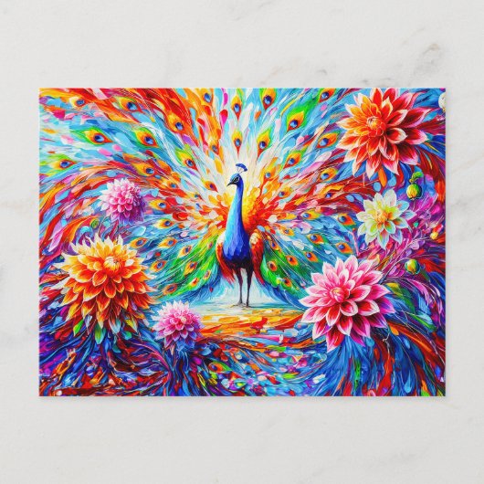 Abstract Peacock with Colorful Dahlias Autumn ポストカード (正面)