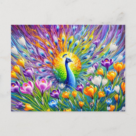 Abstract Peacock with Crocuses in Oil Paint ポストカード (正面)