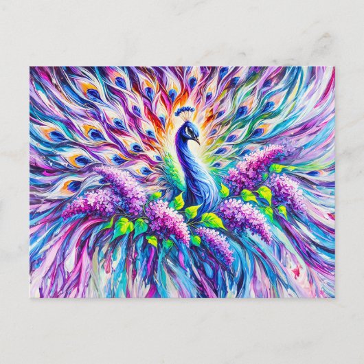 Abstract Peacock with Lilac Blossoms in Oil ポストカード (正面)