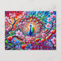 Abstract Peacock with Peach Tree in Colorful Paint