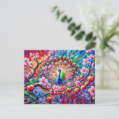 Abstract Peacock with Peach Tree in Colorful Paint ポストカード (スタンド正面)