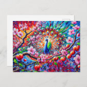 Abstract Peacock with Peach Tree in Colorful Paint ポストカード (正面/裏面)
