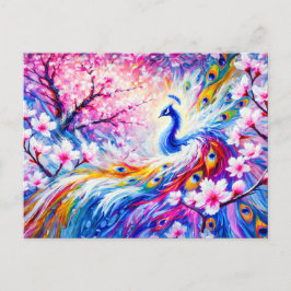 Abstract Peacock with Peach Tree in Colorful Paint ポストカード