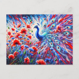 Abstract Peacock with Poppies and Cornflowers ポストカード