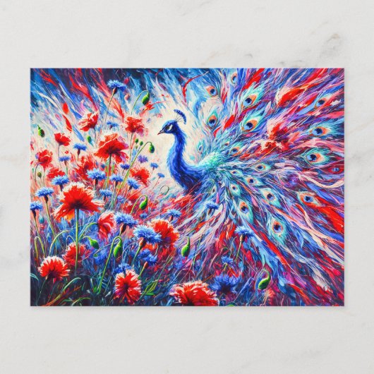 Abstract Peacock with Poppies and Cornflowers ポストカード (正面)