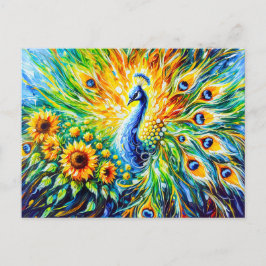 Abstract Peacock with Sunflowers in Painting ポストカード
