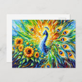 Abstract Peacock with Sunflowers in Painting ポストカード (正面/裏面)