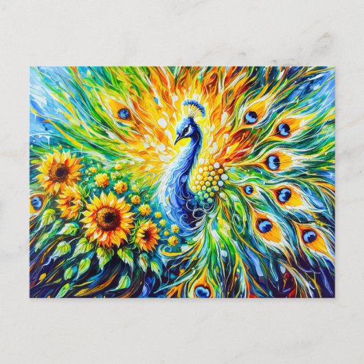 Abstract Peacock with Sunflowers in Painting ポストカード (正面)