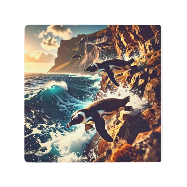 Abstract Penguins Diving - Surreal Cliff Dive メタルプリント (正面)