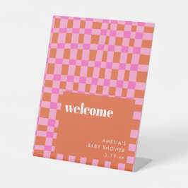Abstract Pink Orange Custom Baby Shower Welcome 台座サイン