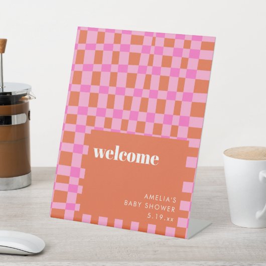 Abstract Pink Orange Custom Baby Shower Welcome 台座サイン (インサイチュ)