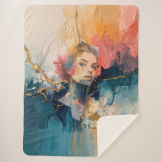 Abstract Portrait Wall Art, Modern Woman Face Pain シェルパブランケット