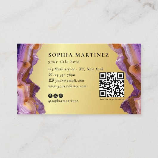 Abstract Purple Agate gold glitter marble QR Code 名刺 (裏面)