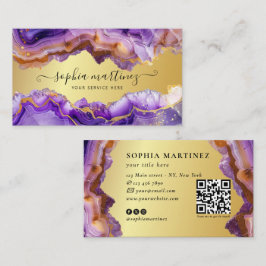 Abstract Purple Agate gold glitter marble QR Code 名刺