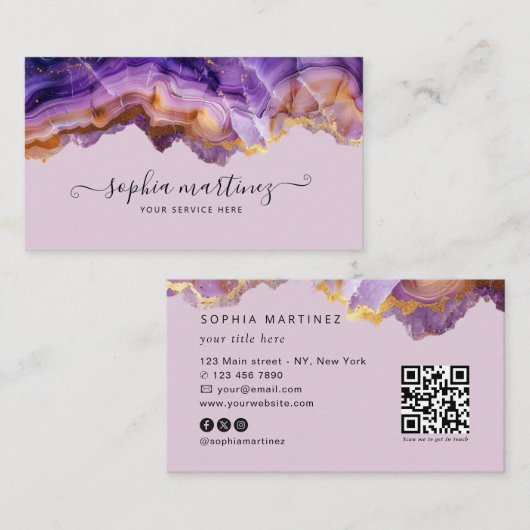 Abstract Purple Agate gold glitter marble QR Code 名刺 (正面/裏面)