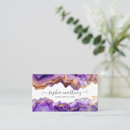 Abstract Purple Agate gold glitter marble QR Code 名刺 (スタンド正面)