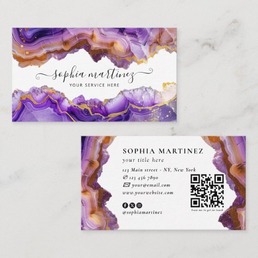 Abstract Purple Agate gold glitter marble QR Code 名刺 (正面/裏面)