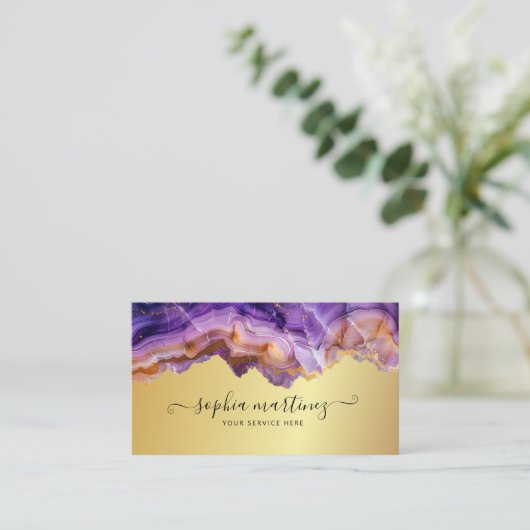 Abstract Purple Agate gold glitter marble QR Code 名刺 (スタンド正面)
