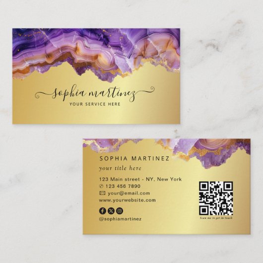 Abstract Purple Agate gold glitter marble QR Code 名刺 (正面/裏面)