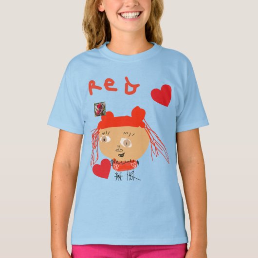 Abstract Red Girl With Hearts on Blue Kids Tシャツ (正面)