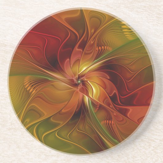 Abstract Red Orange Brown Green Fractal Art Flower コースター (正面)