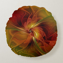 Abstract Red Orange Brown Green Fractal Art Flower ラウンドクッション