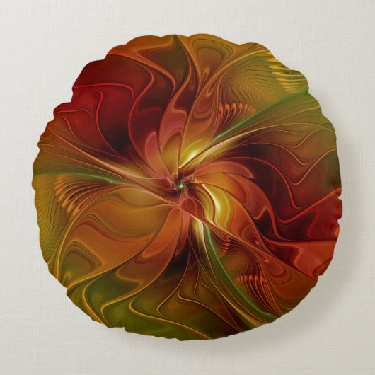 Abstract Red Orange Brown Green Fractal Art Flower ラウンドクッション (正面)