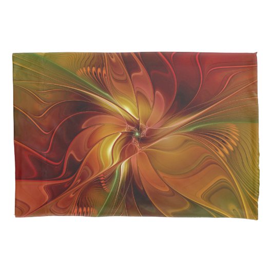 Abstract Red Orange Brown Green Fractal Art Flower 枕カバー (正面)