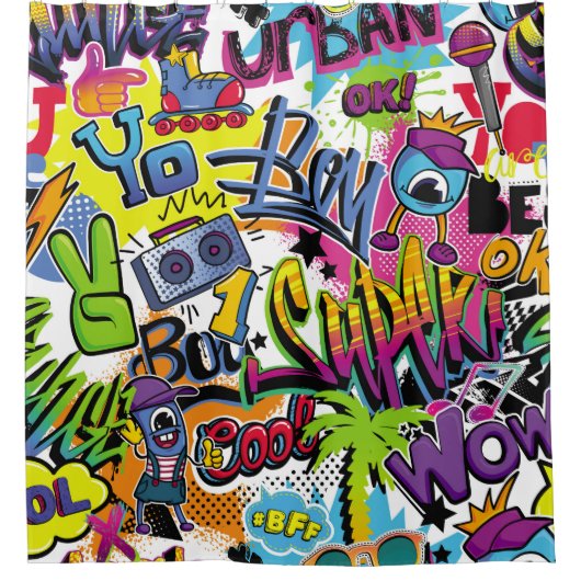 Abstract seamless comics pattern with palm tree, h シャワーカーテン (正面)