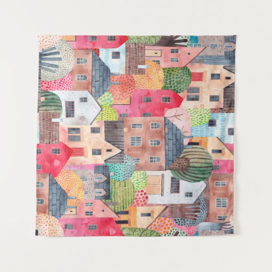 Abstract seamless pattern with houses. Watercolor  タペストリー (正面(横))