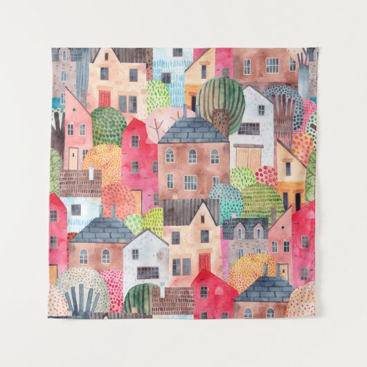 Abstract seamless pattern with houses. Watercolor  タペストリー (正面)