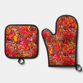 Abstract Shapes in Red 鍋つかみ&鍋敷きセット
