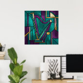 Abstract Stained Glass Harp Poster Teal and Purple ポスター (ホームオフィス)