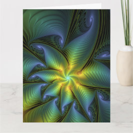 Abstract Star, Shiny Blue Green Golden Fractal Art サンキューカード
