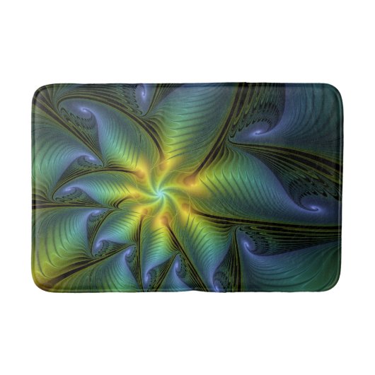 Abstract Star, Shiny Blue Green Golden Fractal Art バスマット (正面)
