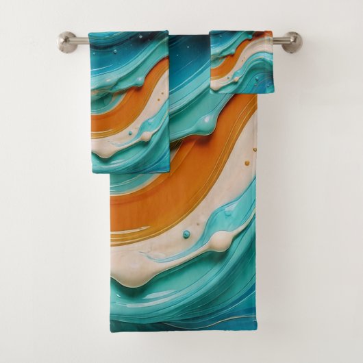 Abstract Swirling Teal and Orange Glossy Fluid バスタオルセット (インサイチュ)