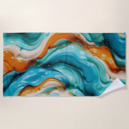 Abstract Swirling Teal and Orange Glossy Fluid ビーチタオル