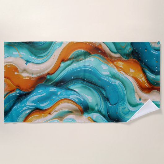Abstract Swirling Teal and Orange Glossy Fluid ビーチタオル (正面)