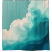Abstract Teal and White Flowing Waves シャワーカーテン (正面)