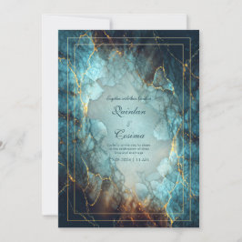Abstract Teal Turquoise Gilded Geode Wedding 招待状