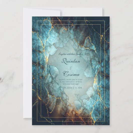 Abstract Teal Turquoise Gilded Geode Wedding 招待状 (正面)