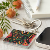 Abstract Tribal Shapes Pattern in Red, Gold, Green キーホルダー (正面右)