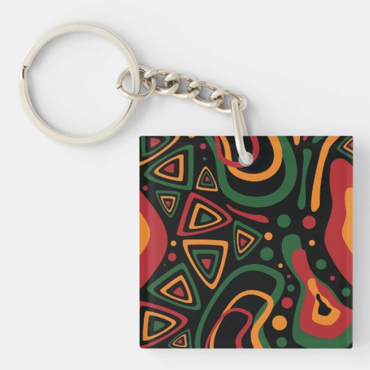 Abstract Tribal Shapes Pattern in Red, Gold, Green キーホルダー (正面)