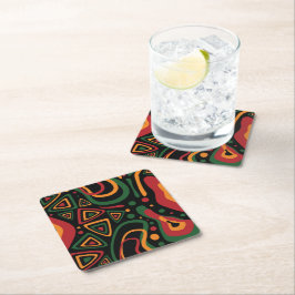 Abstract Tribal Shapes Pattern in Red, Gold, Green スクエアペーパーコースター