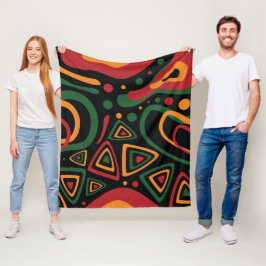 Abstract Tribal Shapes Pattern in Red, Gold, Green フリースブランケット