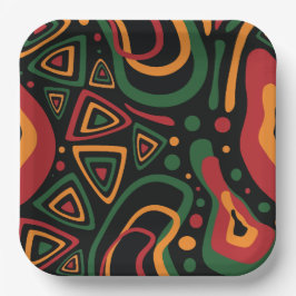 Abstract Tribal Shapes Pattern in Red, Gold, Green ペーパープレート